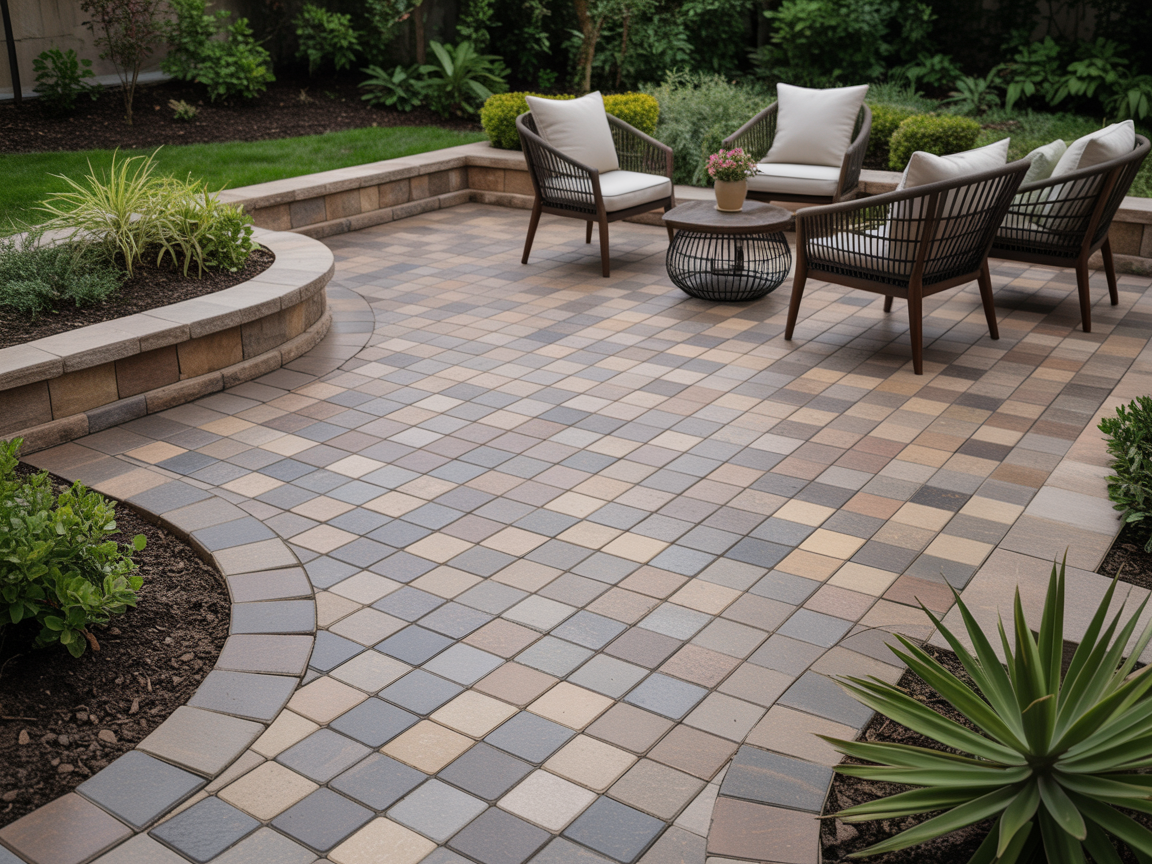 Hardscape patio with decorative pavers and outdoor seating