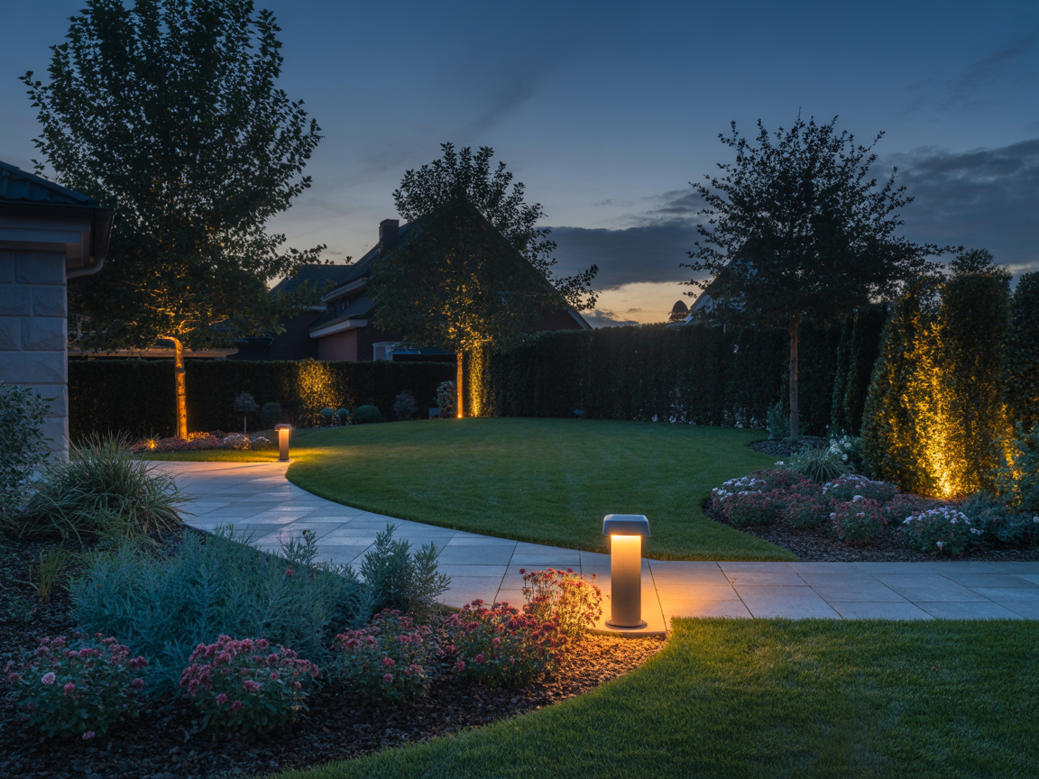 Outdoor garden lighting at dusk with warm pathway lights