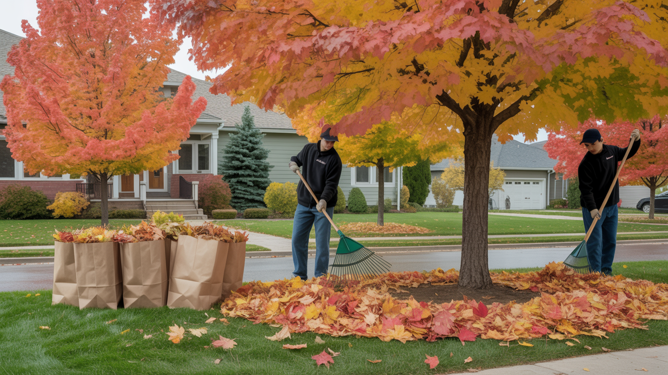 Fall leaf cleanup and mulching service preparing a Twin Cities yard for winter